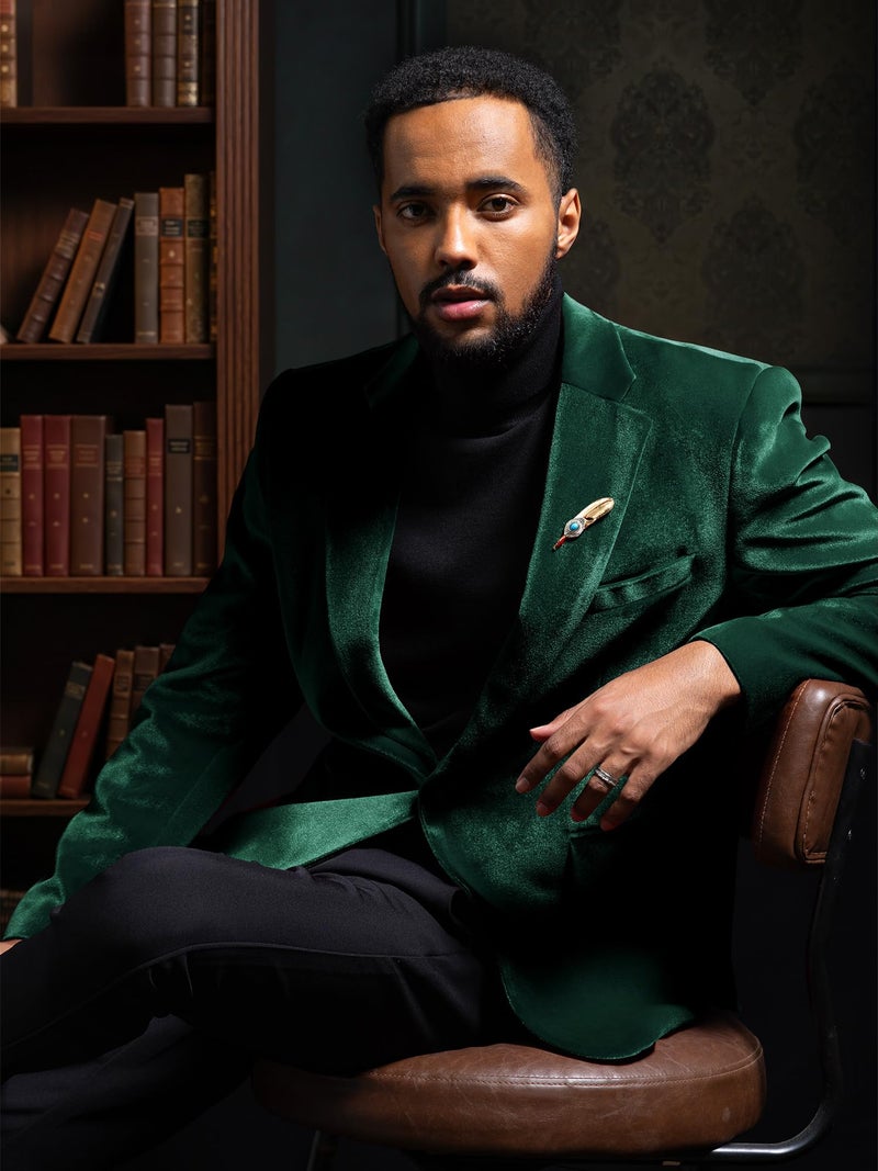 WEEN CHARM Velvet Blazer for Men Slim Fit One Button Sport Coat Tuxedo Jacket for Prom Wedding Party Dinner Green - Image 4